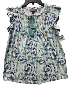 Style & Co Flutter Pintuck Womens X-Small Top Green & Blue Floral Print